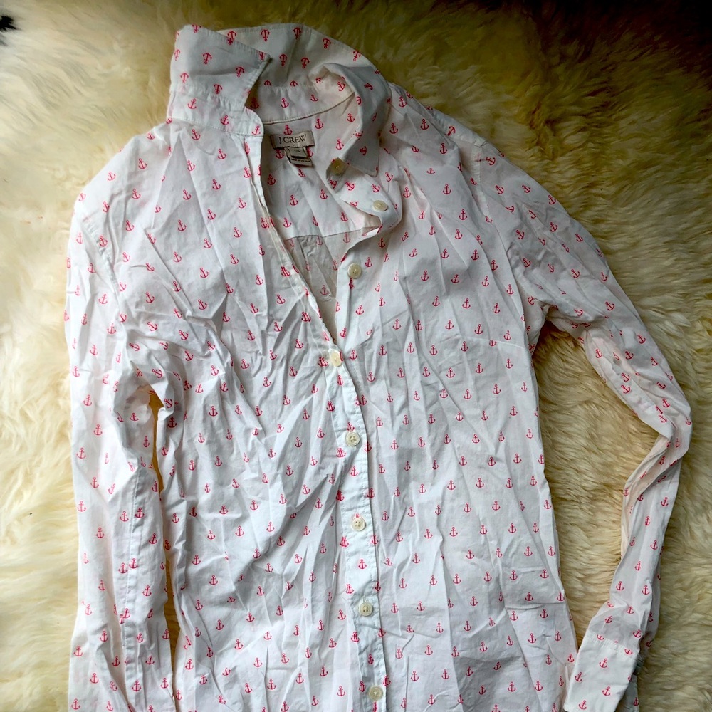 J crew factory size XXS anchors button down white with pink